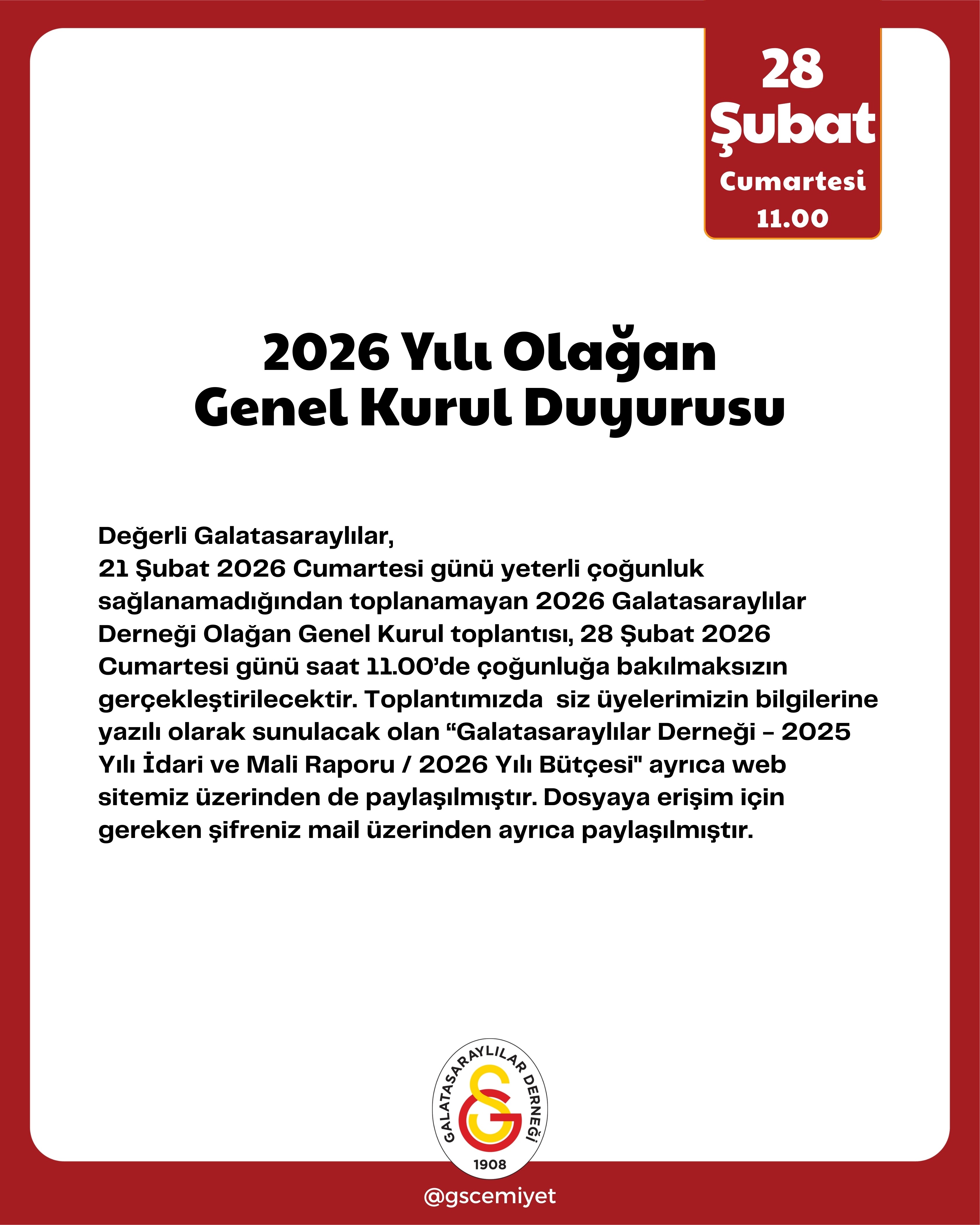 Galatasaraylılar Derneği - 2025 Yılı İdari ve Mali Raporu / 2026 Yılı Bütçesi